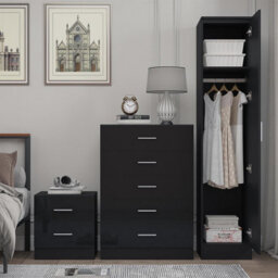 Reflect 1 Door Plain Wardrobe, 5 Drawer Chest, 2 Drawer Bedside - Black Gloss & Black Oak - Bedroom Furniture Set - thumbnail 4