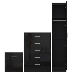Reflect 1 Door Plain Wardrobe, 5 Drawer Chest, 2 Drawer Bedside - Black Gloss & Black Oak - Bedroom Furniture Set - thumbnail 5