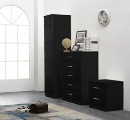 Reflect 1 Door Plain Wardrobe, 5 Drawer Chest, 2 Drawer Bedside - Black Gloss & Black Oak - Bedroom Furniture Set