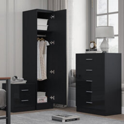 Reflect 1 Door Plain Wardrobe, 5 Drawer Chest, 2 Drawer Bedside - Black Gloss & Black Oak - Bedroom Furniture Set - thumbnail 2