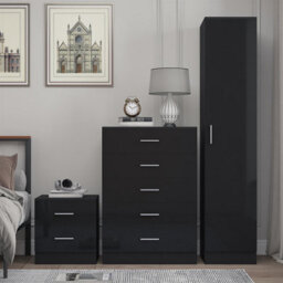 Reflect 1 Door Plain Wardrobe, 5 Drawer Chest, 2 Drawer Bedside - Black Gloss & Black Oak - Bedroom Furniture Set - thumbnail 3