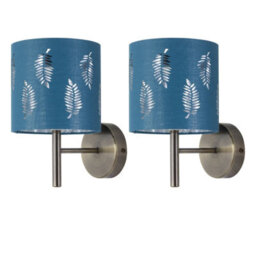 First Choice Lighting Set Of 2 Brea - Antique Brass Wall Lights With Teal Fern Shades