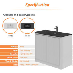Plum&clay Isla Ribbed Fluted White Freestanding Bathroom Vanity Unit & Black Basin Set (W)1000mm - thumbnail 5