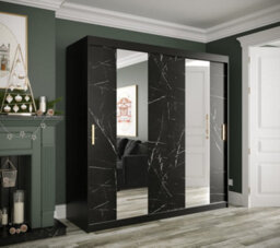 Arte Elegant Black Geneva Sliding Door Wardrobe W2000mm H2000mm D620mm - Mirrored Doors, Gold Handles, Large Storage - thumbnail 2