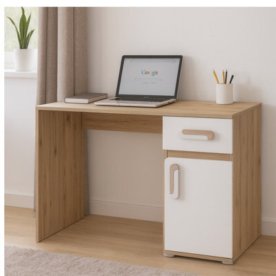 Apetito 09 Childrens Study Desk Kids Workstation With Drawer And Cabinet Modern Compact Design For Learning Light Oak White - image 1