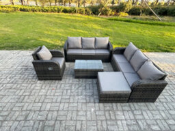 Fimous 8 Seater Rattan Outdoor Garden Furniture Sofa Set Patio Table & Chairs Set With 3 Seater Sofa Reclining Chair - thumbnail 2