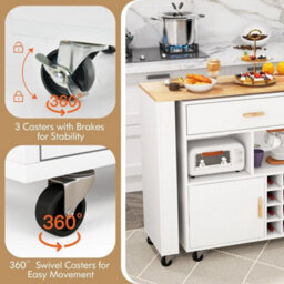 2 In 1 Kitchen Island Bar Table Combo Storage Trolley Wheeled Cupboard Wine Rack - thumbnail 5