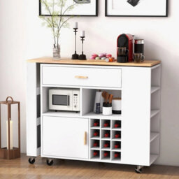 2 In 1 Kitchen Island Bar Table Combo Storage Trolley Wheeled Cupboard Wine Rack - thumbnail 3