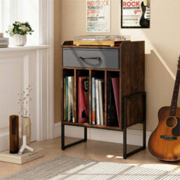 Record Player Stand With Drawer Vinyl Holder Display Shelf Brown - thumbnail 3