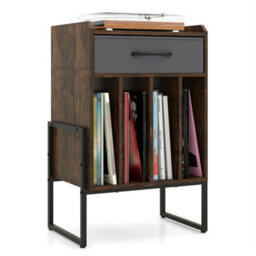 Record Player Stand With Drawer Vinyl Holder Display Shelf Brown - thumbnail 1