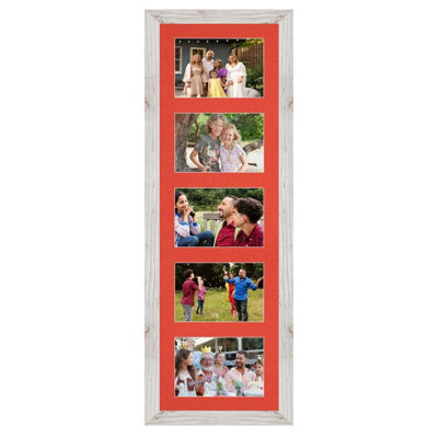 AK Frames 26X8 White Rustic Modern Multi Photo Frame With Poppy Red Mount - Holds 5 Apertures (5X) 6X4 Photos - image 1