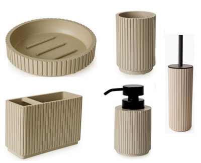 Textured 5 Pcs Dish Toothbrush Dispenser Tumbler Toilet Brush Holder Set - Almond - image 1