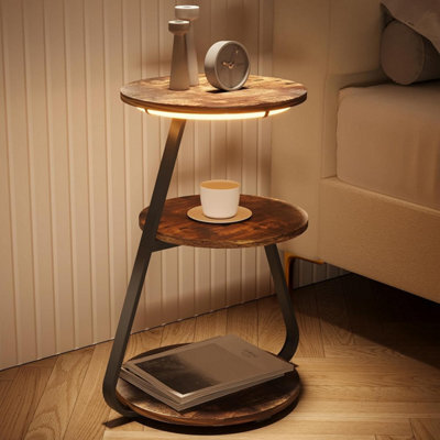 Small Round Coffee Table With 3 Color Led Lights, End Table With 3 Tier Storage Shelves, Bedside Sofa Side Tables For Living Room - image 1