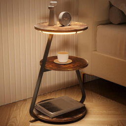 Small Round Coffee Table With 3 Color Led Lights, End Table With 3 Tier Storage Shelves, Bedside Sofa Side Tables For Living Room - thumbnail 1