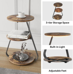 Small Round Coffee Table With 3 Color Led Lights, End Table With 3 Tier Storage Shelves, Bedside Sofa Side Tables For Living Room - thumbnail 6