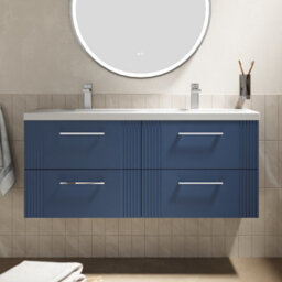 Balterley Belvide Partial Fluted 4 Drawer Wall Hung Vanity Unit With Double Ceramic Basin - 1200mm - Satin Blue - thumbnail 2