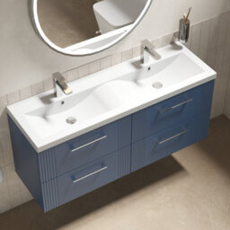 Balterley Belvide Partial Fluted 4 Drawer Wall Hung Vanity Unit With Double Ceramic Basin - 1200mm - Satin Blue - thumbnail 3
