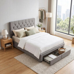 Upholstered Double Storage Bed Frame With Padded Headboard And 2 Drawers - thumbnail 1