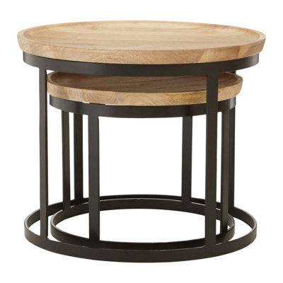 Orsina Set Of Two Mango Wood Nesting Tables, Industrial Round Wooden Tables For Living Room, Space-Saving Tables - image 1