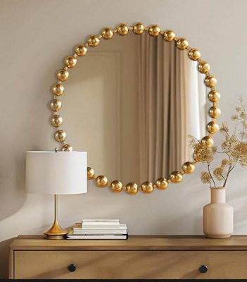 Deenz Round Wall Mounted Bold Space Mirror Circular Golden Beaded Plastic Body Frame Contemporary Design Impressive Focal Point 60Cm Dia - image 1