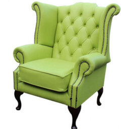 Chesterfield High Back Wing Chair Melon Green Leather In Queen Anne Style - thumbnail 3
