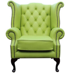 Chesterfield High Back Wing Chair Melon Green Leather In Queen Anne Style - thumbnail 2