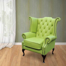 Chesterfield High Back Wing Chair Melon Green Leather In Queen Anne Style - thumbnail 1