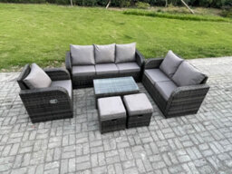 Fimous Outdoor Garden Furniture Sets 6 Pieces Wicker Rattan Furniture Sofa Sets With Coffee Table Loveseat Sofa 2 Small Footstools - thumbnail 2