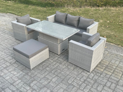 Fimous Rattan Garden Funiture Set Adjustable Rising Lifting Table Sofa Dining Set With 2 Arm Chair Big Footstool - image 1