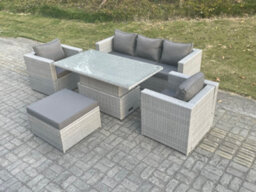 Fimous Rattan Garden Funiture Set Adjustable Rising Lifting Table Sofa Dining Set With 2 Arm Chair Big Footstool - thumbnail 3