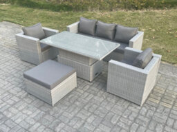 Fimous Rattan Garden Funiture Set Adjustable Rising Lifting Table Sofa Dining Set With 2 Arm Chair Big Footstool - thumbnail 2