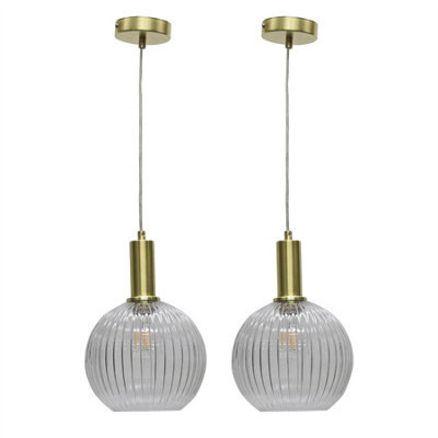 First Choice Lighting Set Of 2 Betchley - Clear Ribbed Glass Globe Satin Brass Deco Pendants - image 1