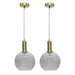 First Choice Lighting Set Of 2 Betchley - Clear Ribbed Glass Globe Satin Brass Deco Pendants - thumbnail 1