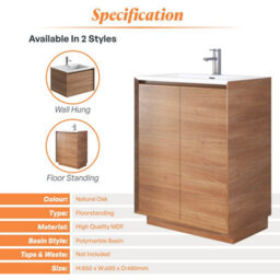 Plum&clay Matterhorn Oak Floor Standing Bathroom Vanity Unit With White Basin (W)600mm (H)850mm - thumbnail 4