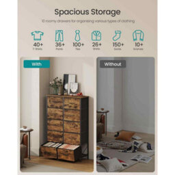 10-Drawer Fabric Chest Of Drawers, Bedroom Storage Organiser With Steel Frame, Rustic Brown And Ink Black - thumbnail 3