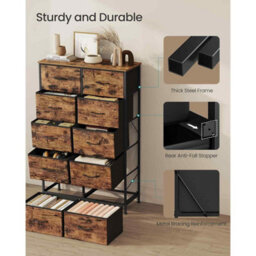 10-Drawer Fabric Chest Of Drawers, Bedroom Storage Organiser With Steel Frame, Rustic Brown And Ink Black - thumbnail 5
