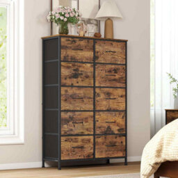 10-Drawer Fabric Chest Of Drawers, Bedroom Storage Organiser With Steel Frame, Rustic Brown And Ink Black