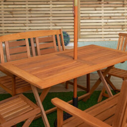 Samuel Alexander Outdoor 6 Person Folding Rectangular Wooden Garden Dining Table Chairs And 2 Benches Cream Parasol And Base Set - thumbnail 3