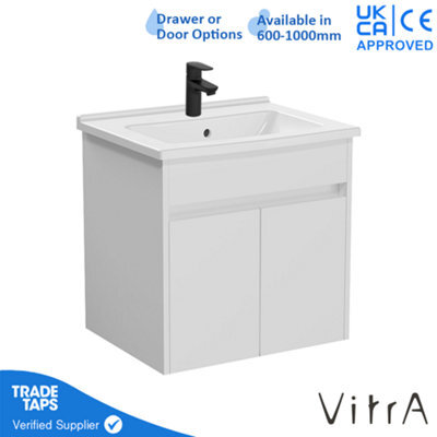 Vitra 600mm Wall Hung Bathroom Vanity Unit With 2 Doors & Basin - White Gloss Includes Black Tap - image 1