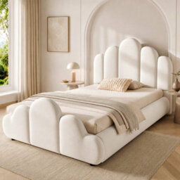 Btm 3Ft Single Upholstered Bed Frame 90X190Cm, Petal Headboard, Cloud Footboard, Wooden Slats, Velvet, Beige