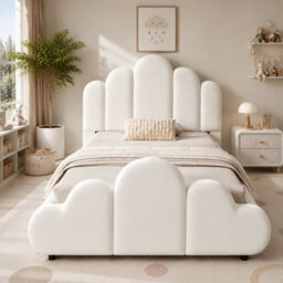 Btm 3Ft Single Upholstered Bed Frame 90X190Cm, Petal Headboard, Cloud Footboard, Wooden Slats, Velvet, Beige - thumbnail 5