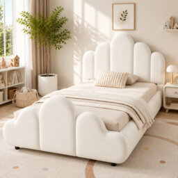 Btm 3Ft Single Upholstered Bed Frame 90X190Cm, Petal Headboard, Cloud Footboard, Wooden Slats, Velvet, Beige - thumbnail 4