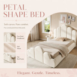 Btm 3Ft Single Upholstered Bed Frame 90X190Cm, Petal Headboard, Cloud Footboard, Wooden Slats, Velvet, Beige - thumbnail 7