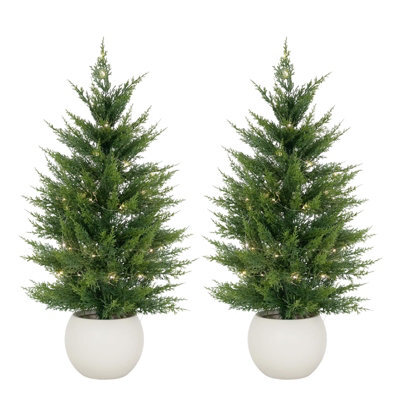London Boutique Set Of 2 90Cm Pre-Lit Artificial Cedar Pine Topiary Trees, 3D Faux Evergreen Plants, Home Office Decor - image 1