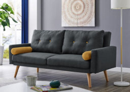 Home Detail Langley Fabric Sofa Bed With Natural Wooden Legs Tufted Backrest Charcoal With Matching Bolster Cushions