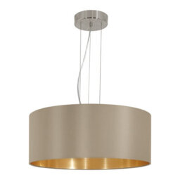 Stylish Satin Nickel Pendant Ceiling Light With Taupe And Gold Fabric Shade