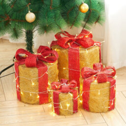 Living And Home 4 Pcs Gold Glitter Led Lighted Christmas Square Gift Box Present Boxes Xmas Tree Decor With Bow - thumbnail 2