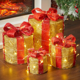 Living And Home 4 Pcs Gold Glitter Led Lighted Christmas Square Gift Box Present Boxes Xmas Tree Decor With Bow
