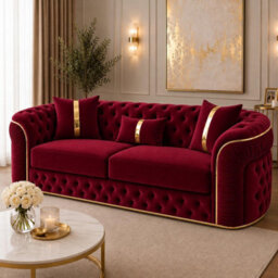 Stratus Interiors Ambassador Sofa Chesterfield Toronto Metal Trim Fabric - Frill Design - 3 And 2 Seater Sofa Set - Gold Trim - Burgundy Plush - thumbnail 2