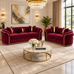 Stratus Interiors Ambassador Sofa Chesterfield Toronto Metal Trim Fabric - Frill Design - 3 And 2 Seater Sofa Set - Gold Trim - Burgundy Plush